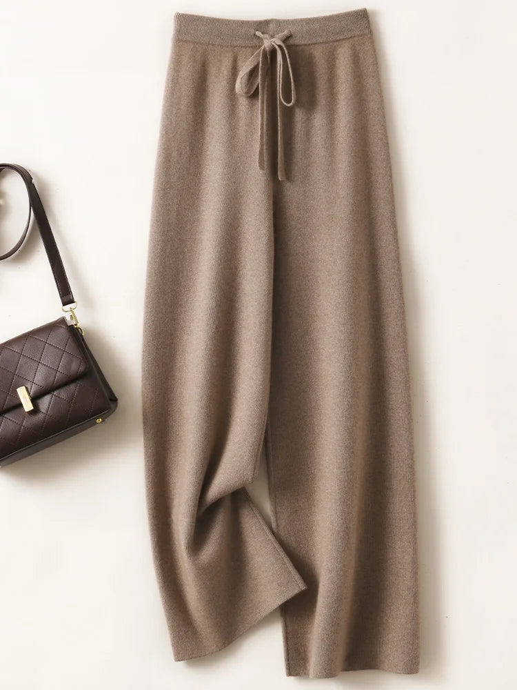 Autumn Winter Women's Pants Basic Soft Casual Sashes Trousers 100% Merino Wool Knitwear Korean Popular Pants