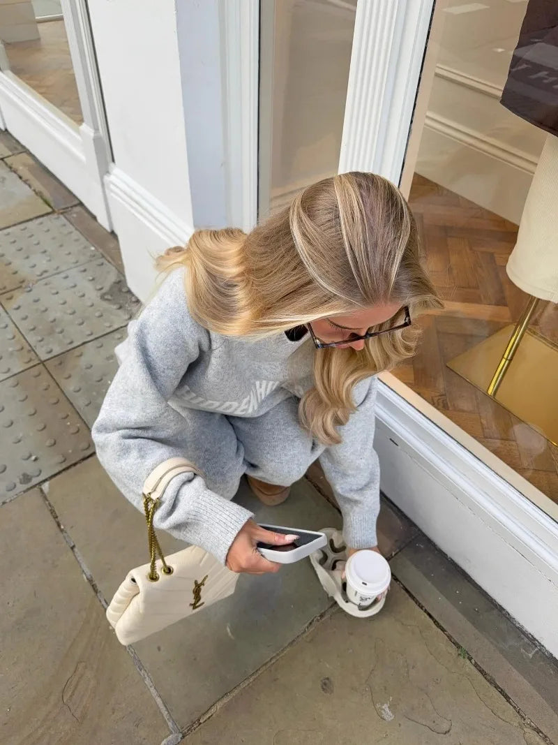 Street Y2K Gothic English letter pattern simple grey women sweater retro hip-hop American fashion punk versatile pullover