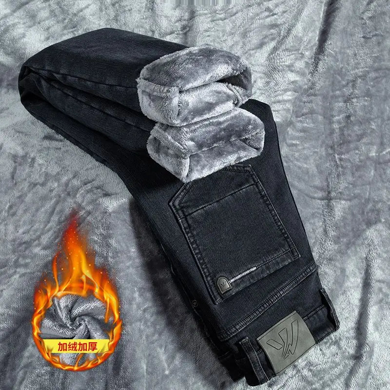 Winter Warm Men's Jeans Fleece Thickened Elastic Smoke Gray Black Business Straight Casual Denim Pants Brand Man PlushClothes