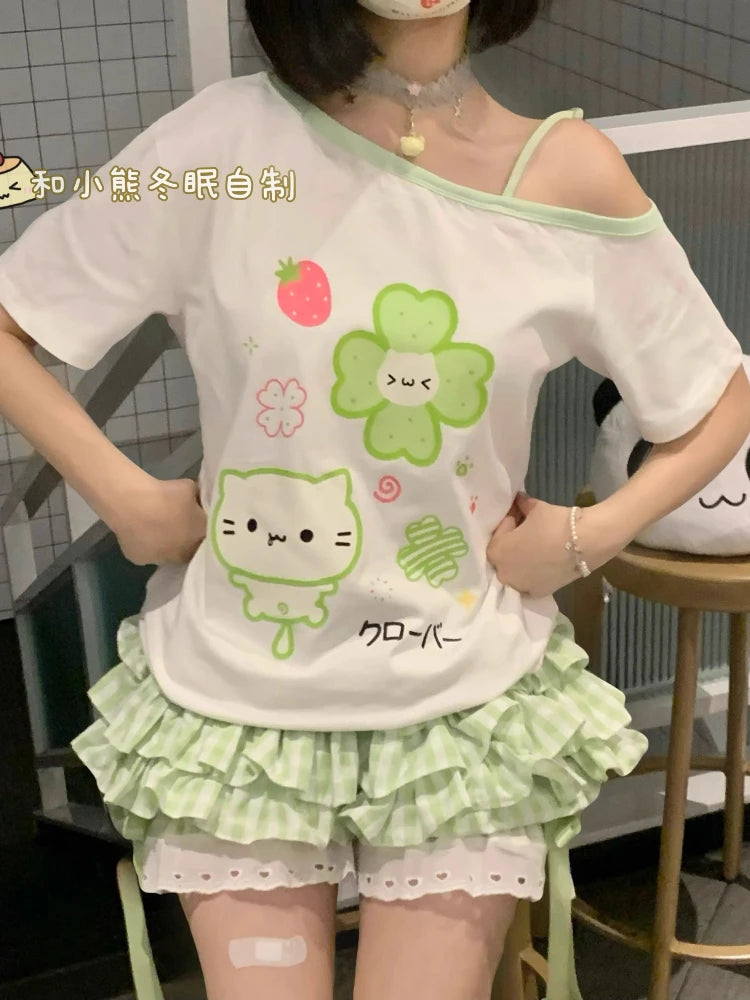 Japanese Kawaii Off Shoulder Tops+Plaid Skirt Set Women Cute Clover Print Tee and Lace Trim Mini Skirt Soft Girl Summer Outfit