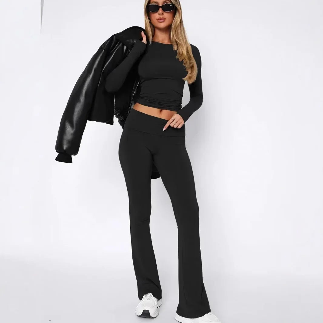 High-End Women's Long Sleeve Top And Flared Pants Set Fashionable And Stylish Polyester Fiber from Mainland China