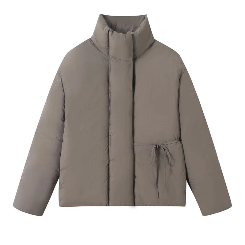 Buttoned Tie-Waist Stand Collar Puffer Jacket Solid  Long Sleeve 2025 Winter Cozy Warm Women Outerwear Chic Casual Lady Coat
