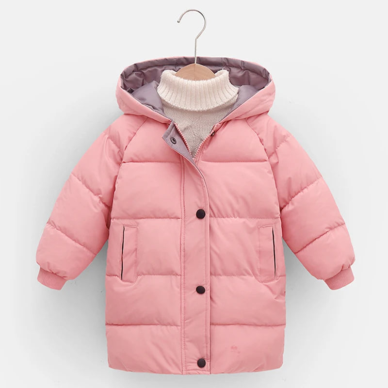 2 3 4 5 6 8 10 Years Girls Jacket Winter Long Style Solid Color Thick Keep Warm Hooded Outerwear For Boys Down Cotton Snowsuit