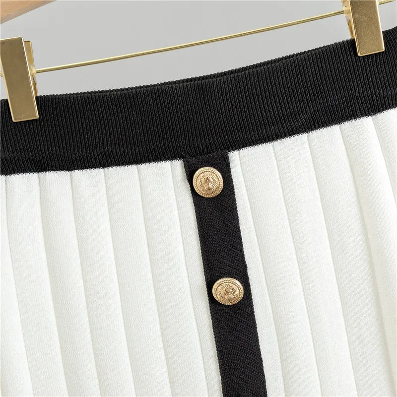 Women Autumn and Winter New O-Neck Cardigan Knitted Skirt Set Commuter Color Block Print T-shirt High Waist Wrap Hip 2-piece Set