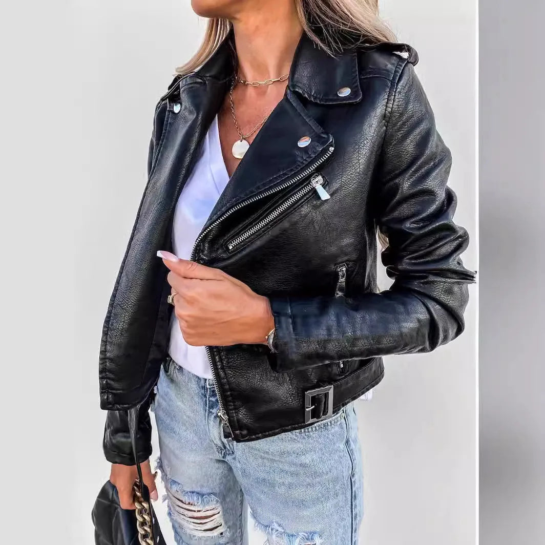 Women's Fashion Biker Jacket PU Leather Short Zipper Winter Warm Outerwear