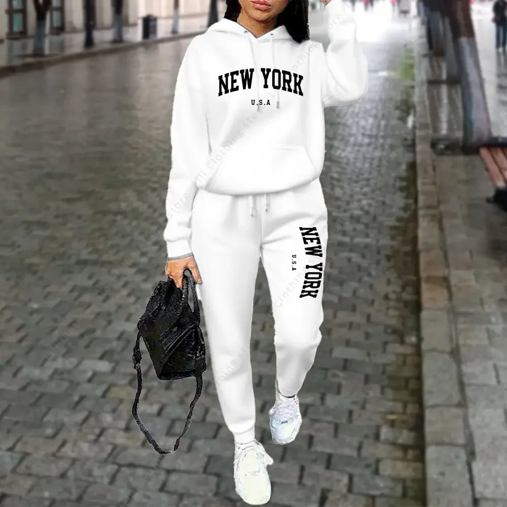 New Women's Hooded Sports Pants 2-Piece Set Winter Spring Style Casual Running Street Wear High Quality Sportswear Tracksuit