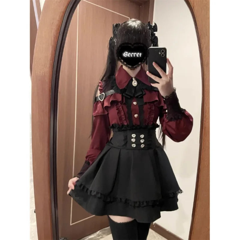 Yami Kawaii Two-Piece Set - Lace Blouse & Mini Skirt Coord, Sexy Gothic Lolita Crop Top with Detachable Sleeves for Petite Girls