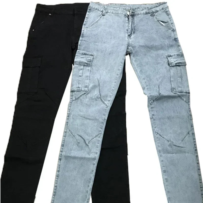 Men Casual Pencil Jeans Male Elastic Multi Pocket Small Slim High Street Denim Pants Wash Solid Color Mid Waist Cargo Jeans 2026