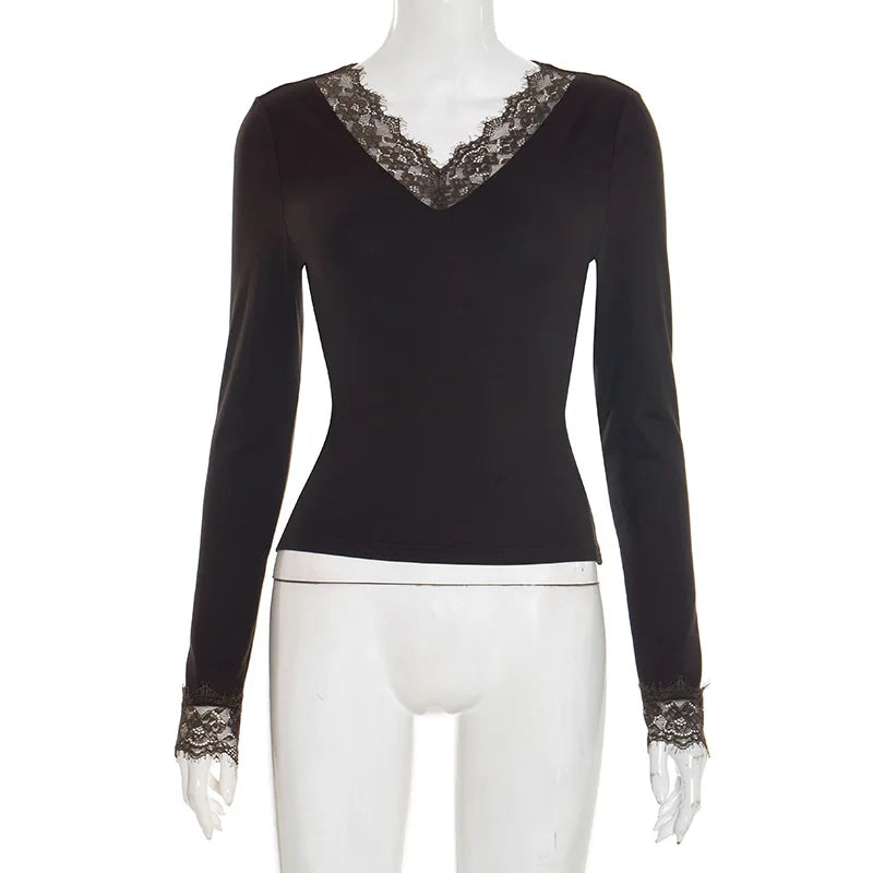 Women's V-neck Lace Trim Splice Waist-cinching Belly-baring Top Trendy Street Style Long Sleeve Polyester Spandex T-shirt
