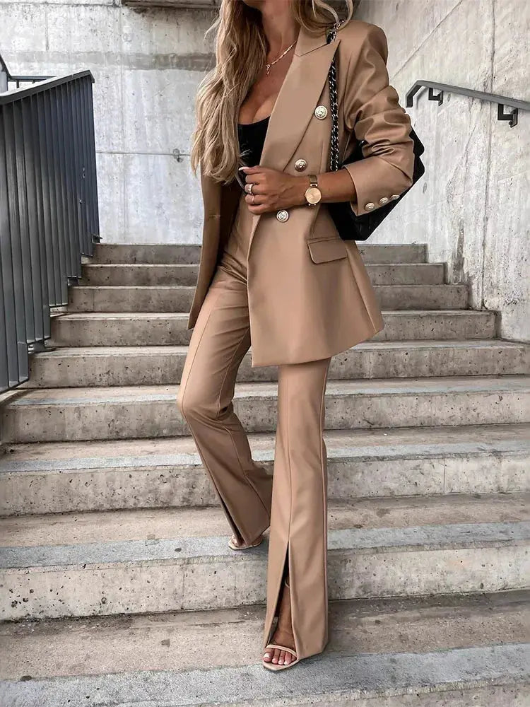 PU Leather Slim Straight Pants For Women High Waist With Pockets Chic Workwear Trousers