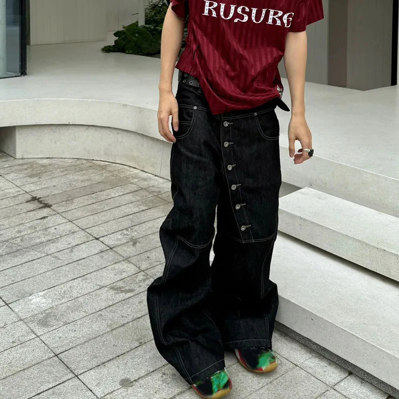 Korean High Street Buckle Curved Jeans Autumn Men'S Loose Straight Leg Pants Black Wide Leg Pants Casual Pants Hip-Hop Pants