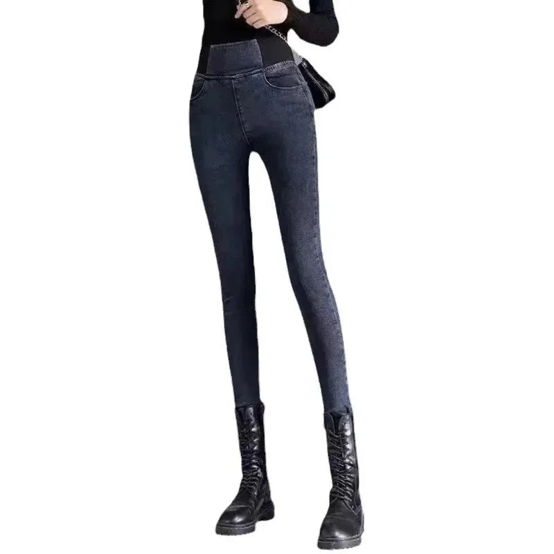 Autumn Winter New Women's Fleece Lined Slim Fit Jeans Elastic Waist Denim Pants High Waist Thermal Design Sensation Jeans
