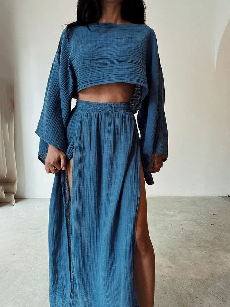 2 Pcs/Set Women Crop Top Skirt Sets Long Sleeve Top High Waist Split Skirts Suit Beach Bikini Coverup Lady Elegant Party Outfit