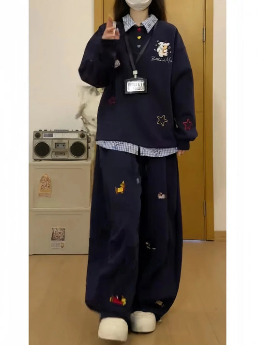 American Retro Style Embroidered Dog Polo Collar Faux Two-Piece Set for Women, New Loose Fit Slimming College Style Couple Sweatshirt and Pants Two-Piece Set