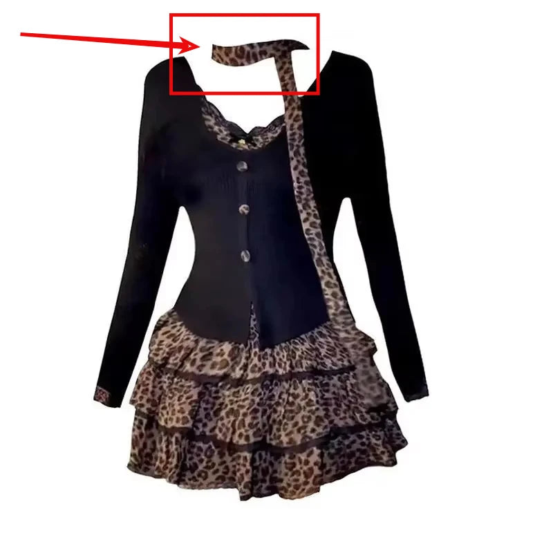 Y2k Sexy Retro Punk Set Women New Suit Scarf Long Sleeve Top High Waist Slimming Cake Skirts Two-piece Set