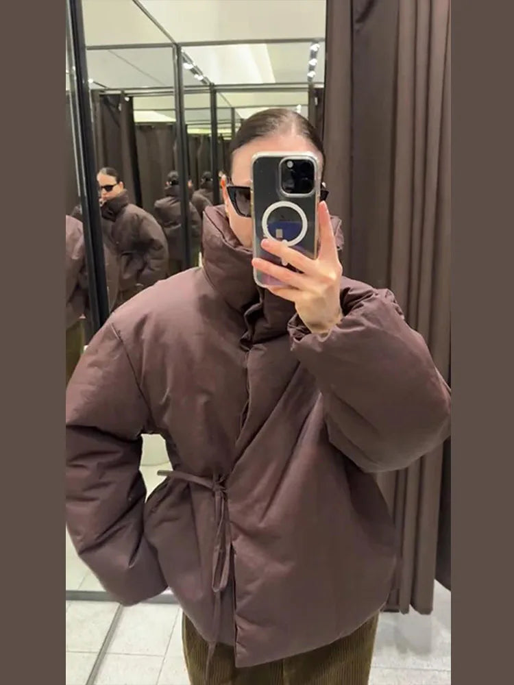 Buttoned Tie-Waist Stand Collar Puffer Jacket Solid  Long Sleeve 2025 Winter Cozy Warm Women Outerwear Chic Casual Lady Coat