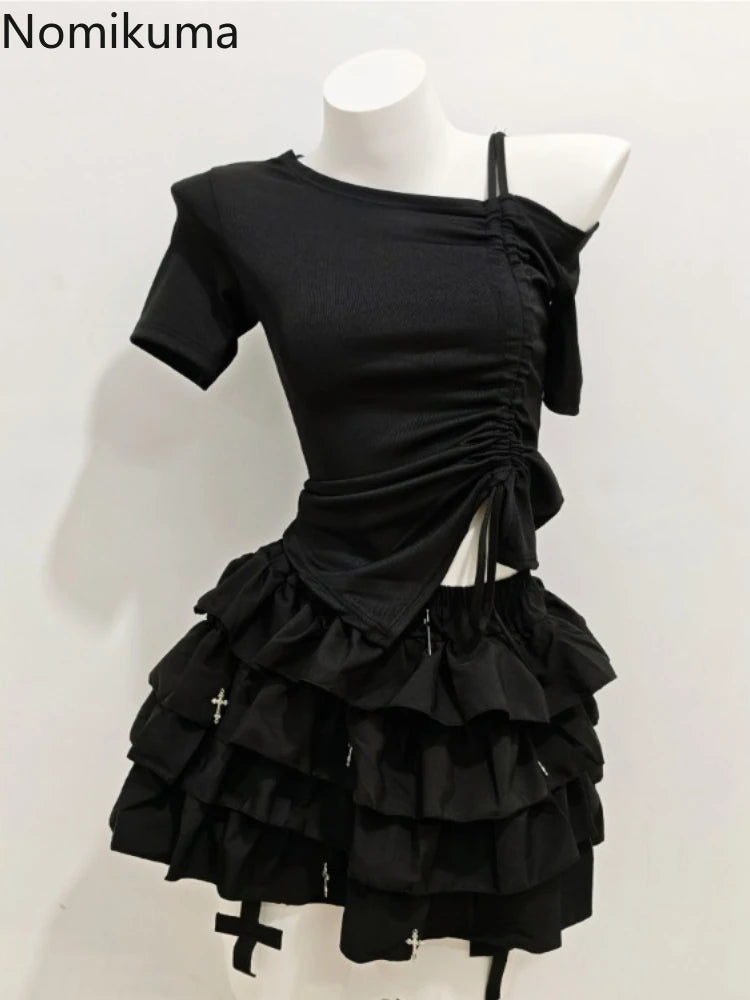 HarajukuTwo Piece Set Women Clothing Drawstring Off Shoulder Tshirts Ruffles Mini Skirt Suit Roupas Femme Goth Summer Outfits