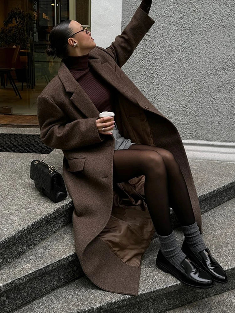 Women Elegant Shoulder Pad Wool Blend Overcoat Brown Lapel Single-breasted Long Sleeve Coat 2025 Autumn Lady Commuter Outerwear