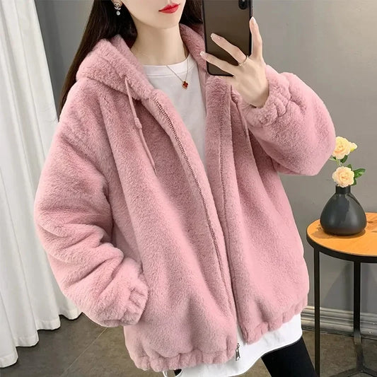 Double-Sided Long Plush Jacket Women's Loose Thickened Warm Coat with Hood V-Neck Chinese Brand Female Outerwear Coat