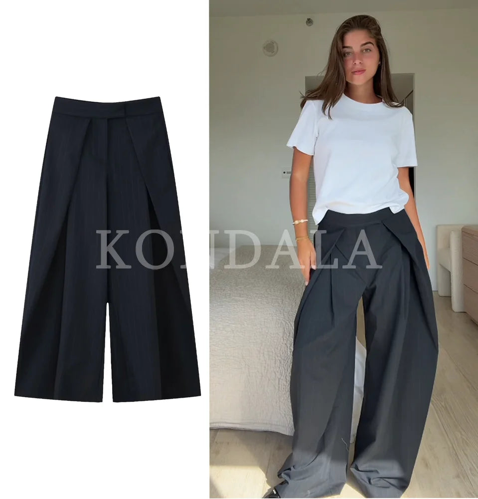 KONDALA Commute High Street Wide-Leg Pants Women's Elegant Vertical Pleated Trousers 2025 Spring Fall Fashion Office Lady Pants