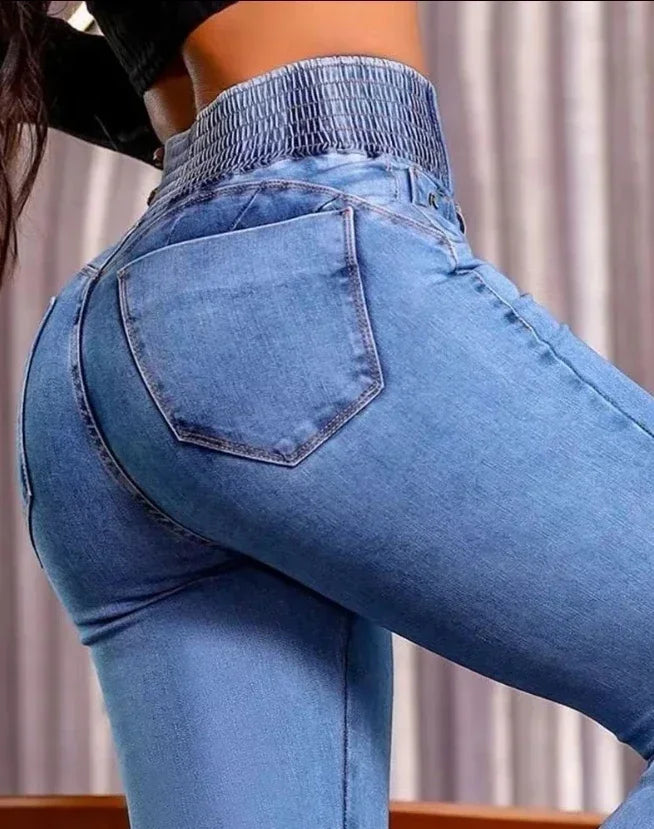 ALLUKASA 2025 autumn winter  Elegant High Waist Button Front Casual Female Jeans Sexy  Fashion Back Shirred Trouser Bottom