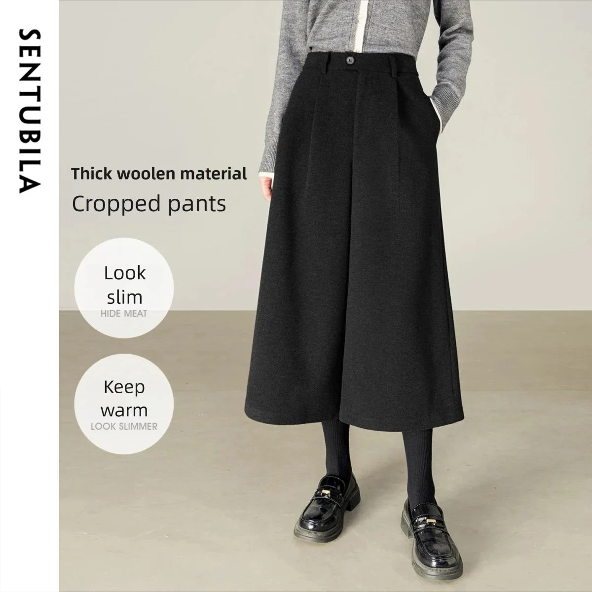 SENTUBILA Women's Wool Wide Leg Pants 2025 Autumn Elastic Waist Loose Fit Warm Comfortable Office Casual Trousers 153KD2679