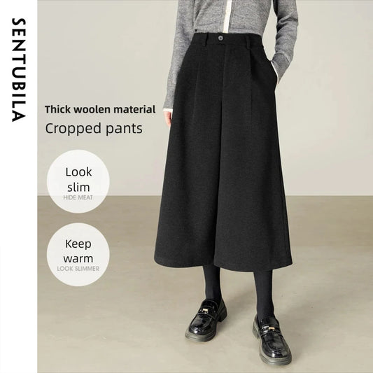 SENTUBILA Women's Wool Wide Leg Pants 2025 Autumn Elastic Waist Loose Fit Warm Comfortable Office Casual Trousers 153KD2679