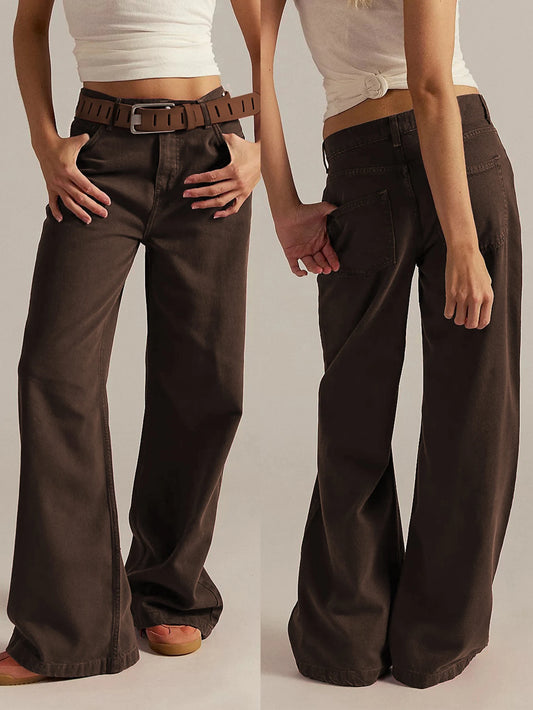 Women's retro brown wide-leg jeans, high-waisted cut, elegant retro silhouette, soft washable fabric, fashionable and casual.
