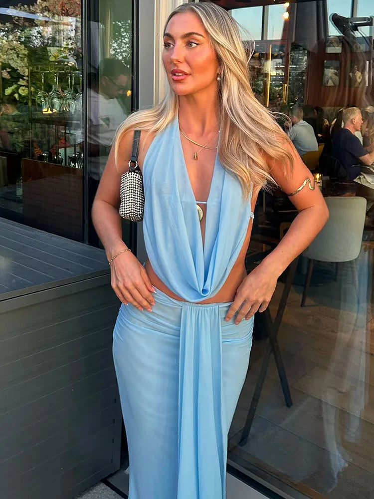 Sisterlinda Mesh High Street 2Piece Set Solid Sexy Stunning Lace UP Draped Swinging Neck Chic Tank+Maxi Skirts Mujer Party Suits