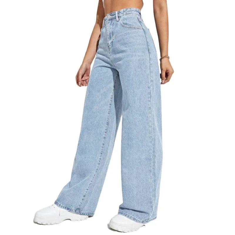 High Waist Wide Leg Jeans Women's plus Size Straight Leg Fashionable Commuter Simple Design High Quality Cotton Denim Pants