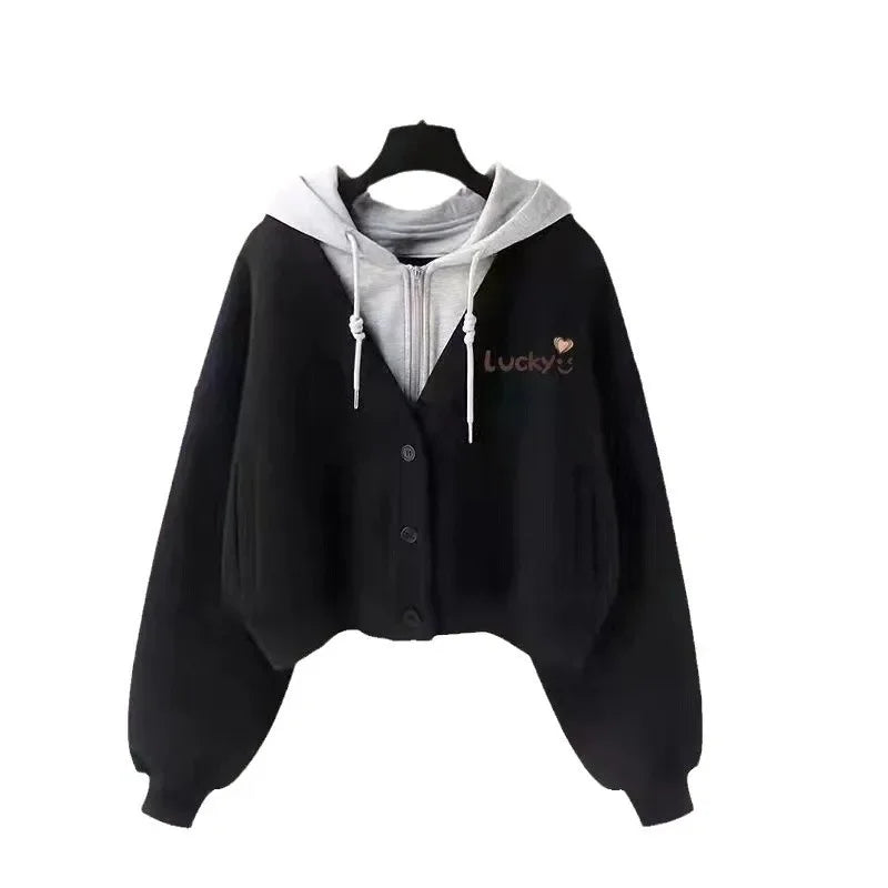 Spring Autumn Loose-Fit Two-Piece Illusion Hooded Sweatshirt Straight-Leg Bell Bottoms Casual Suit Set Chinese Style