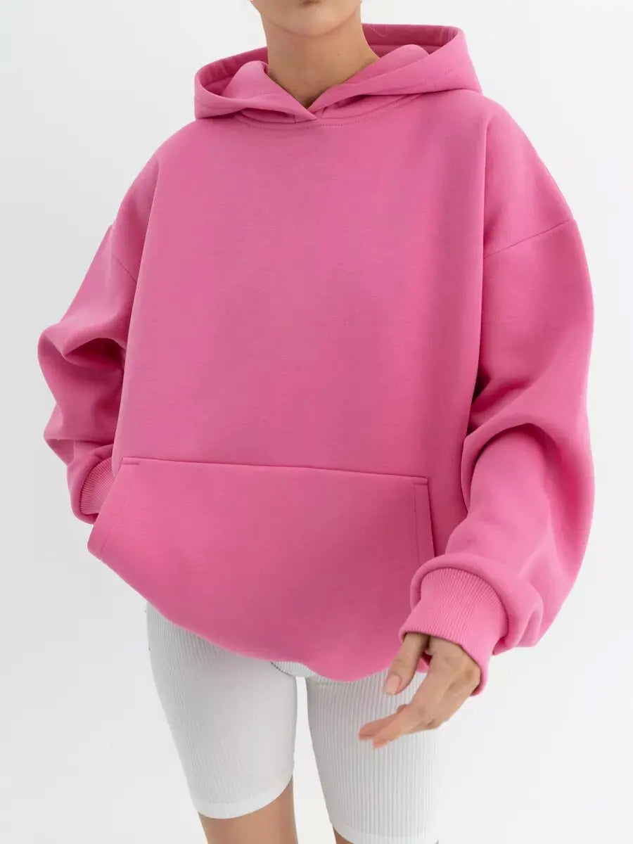 Women's Loose Hooded Sweatshirt Dropped Shoulder Sleeves Big Pockets High Street Fashion Top 14 Colors Pullover for Female