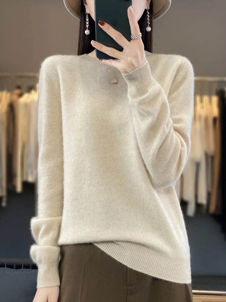 100% Merino Wool Sweater Women O-neck Cashmere Knitwear Female Pullover Autumn Winter Casual Tops Solid Color Soft  Clothing