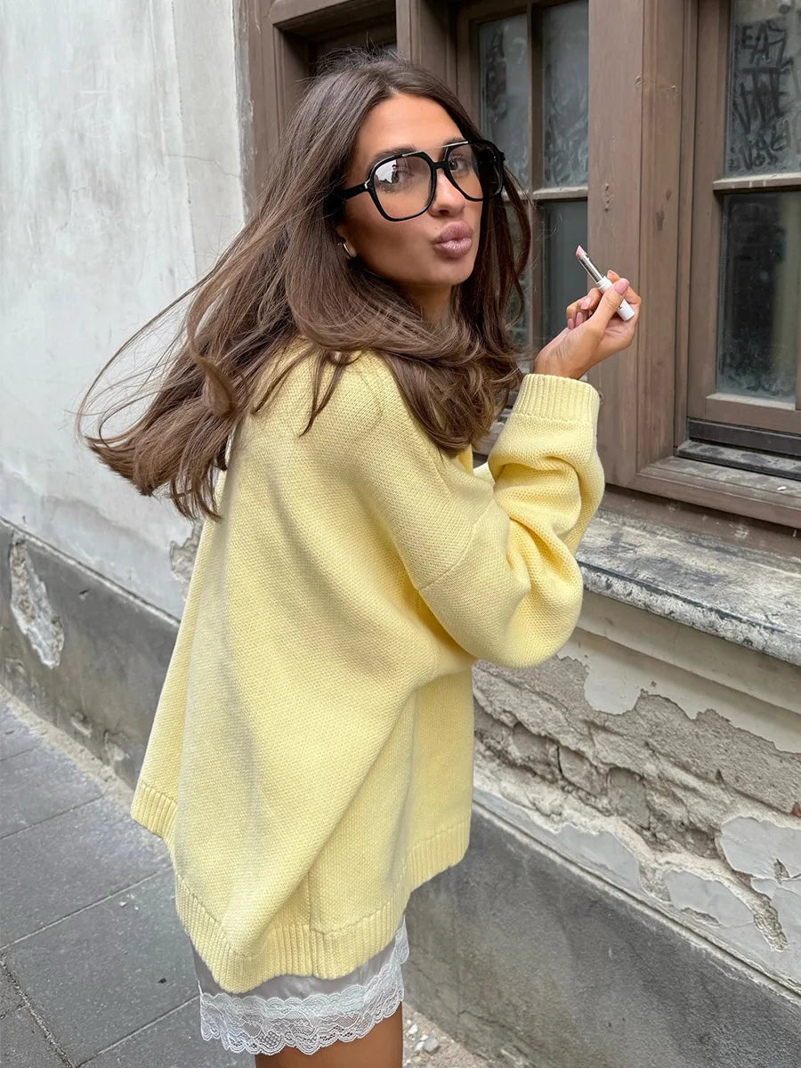 Butter Yellow Letters Knitted Sweater For Women Casual O-Neck Long Sleeve Pullover Tops 2025 Winter Daily Street Loose Sweaters