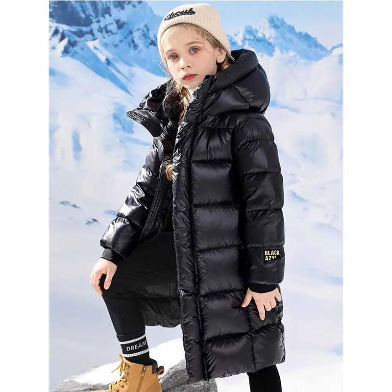 New Children's Long Thickened Down Cotton Jacket Winter Boys Solid Colour Warm Hooded Jacket Girls Casual Cold Outerwear 5-14Y