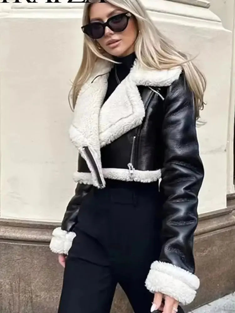 HH Women Faux Leather Thicken Short Jacket Vintage Front Zipper Lapel Long Sleeve Coat Winter Women Warm Casual Outerwear