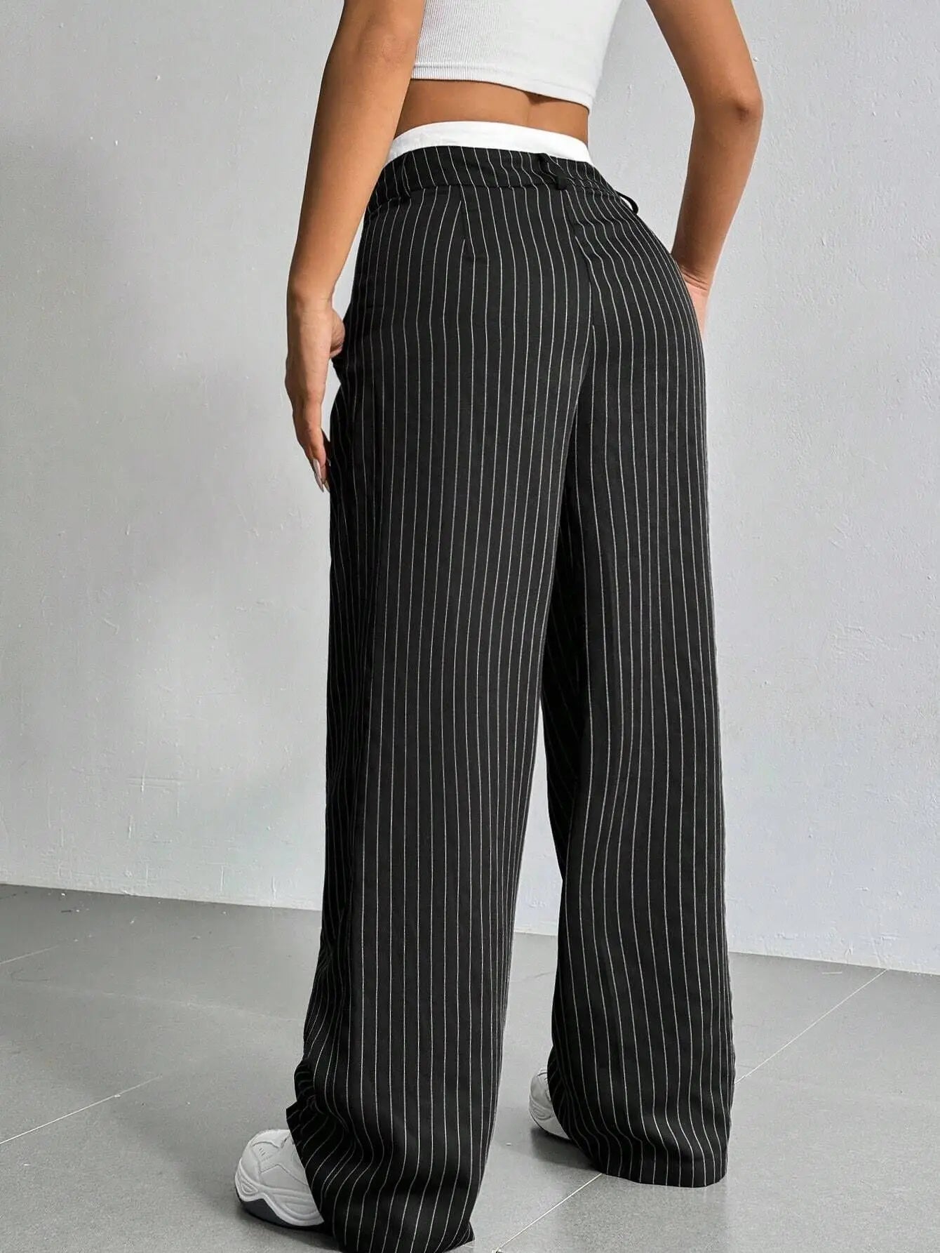 Women's Straight Leg Pinstripe Trousers High Waist Office Business Pants Casual Striped Dressy With Pockets