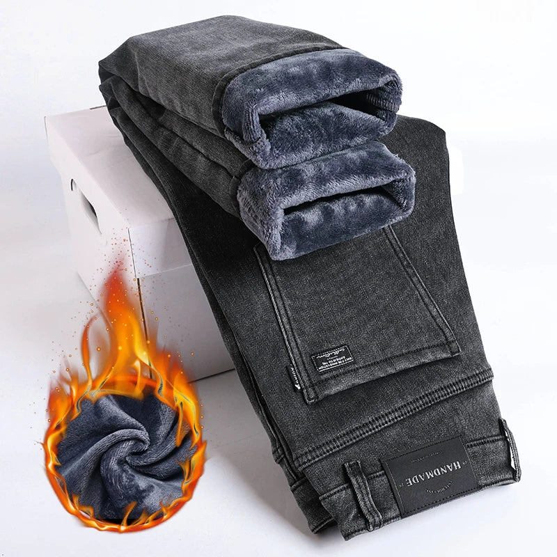 Winter Warm Jeans Men's Slim Straight Elastic Denim Pants Casual Male Clothing Fashion Plush Trousers New Hot Sale Fashion Jeans