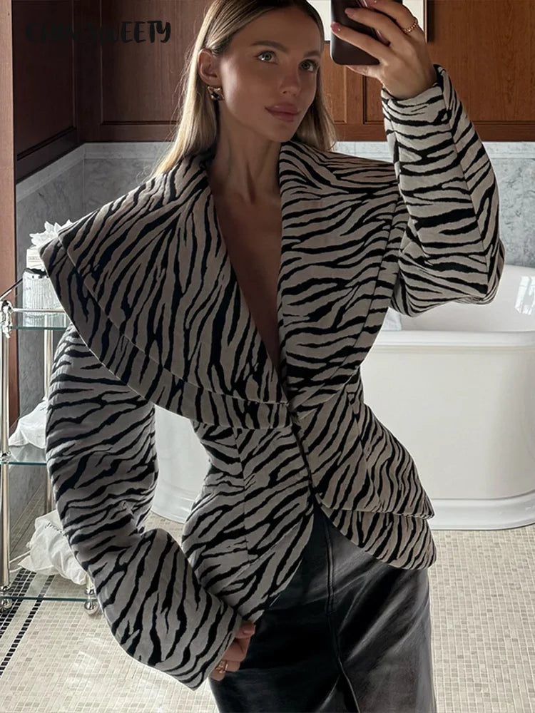 Fashion Zebra Printing Women's Jacket Skirts Suit V-Neck Waist-Closed Lady Sets 2025 Autumn Winter Elegant 2 Pieces Set Womem