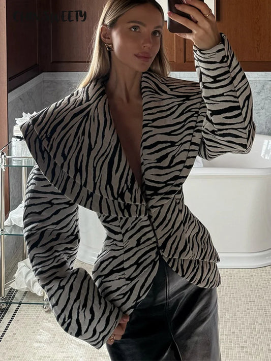 Fashion Zebra Printing Women's Jacket Skirts Suit V-Neck Waist-Closed Lady Sets 2025 Autumn Winter Elegant 2 Pieces Set Womem