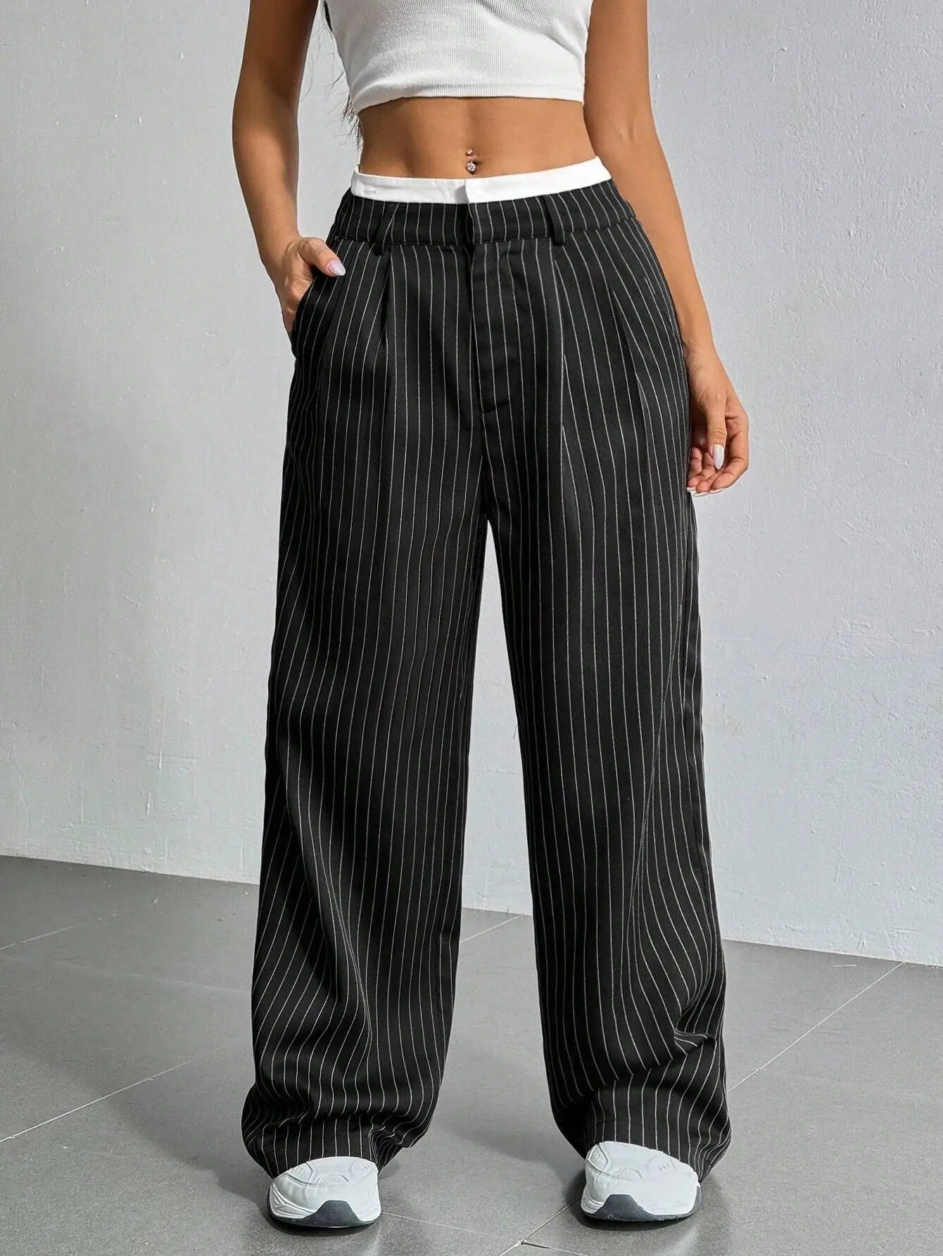Women's Straight Leg Pinstripe Trousers High Waist Office Business Pants Casual Striped Dressy With Pockets