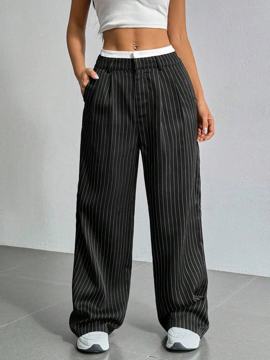 Women's Straight Leg Pinstripe Trousers High Waist Office Business Pants Casual Striped Dressy With Pockets