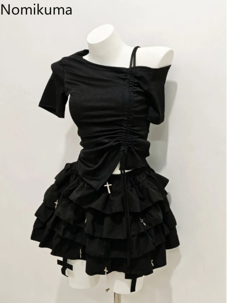 HarajukuTwo Piece Set Women Clothing Drawstring Off Shoulder Tshirts Ruffles Mini Skirt Suit Roupas Femme Goth Summer Outfits