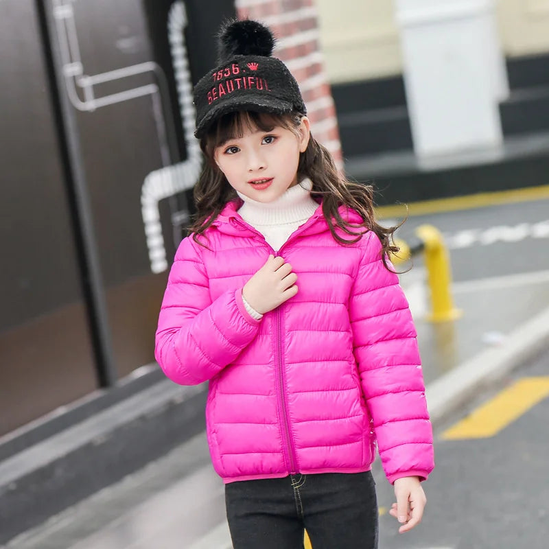 2024 Autumn Girls Down Jackets Boys Fashion Warm Thin Coats Spring Children Clothes Big Kids Casual Hooded Zipper Outerwear