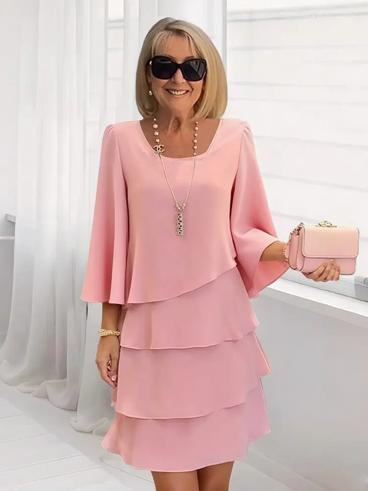 2025 Women's Fashion Cake Skirt 3/4 Bell Sleeve Crewneck Tiered Layered Flowy Dress Party Wedding Outfits