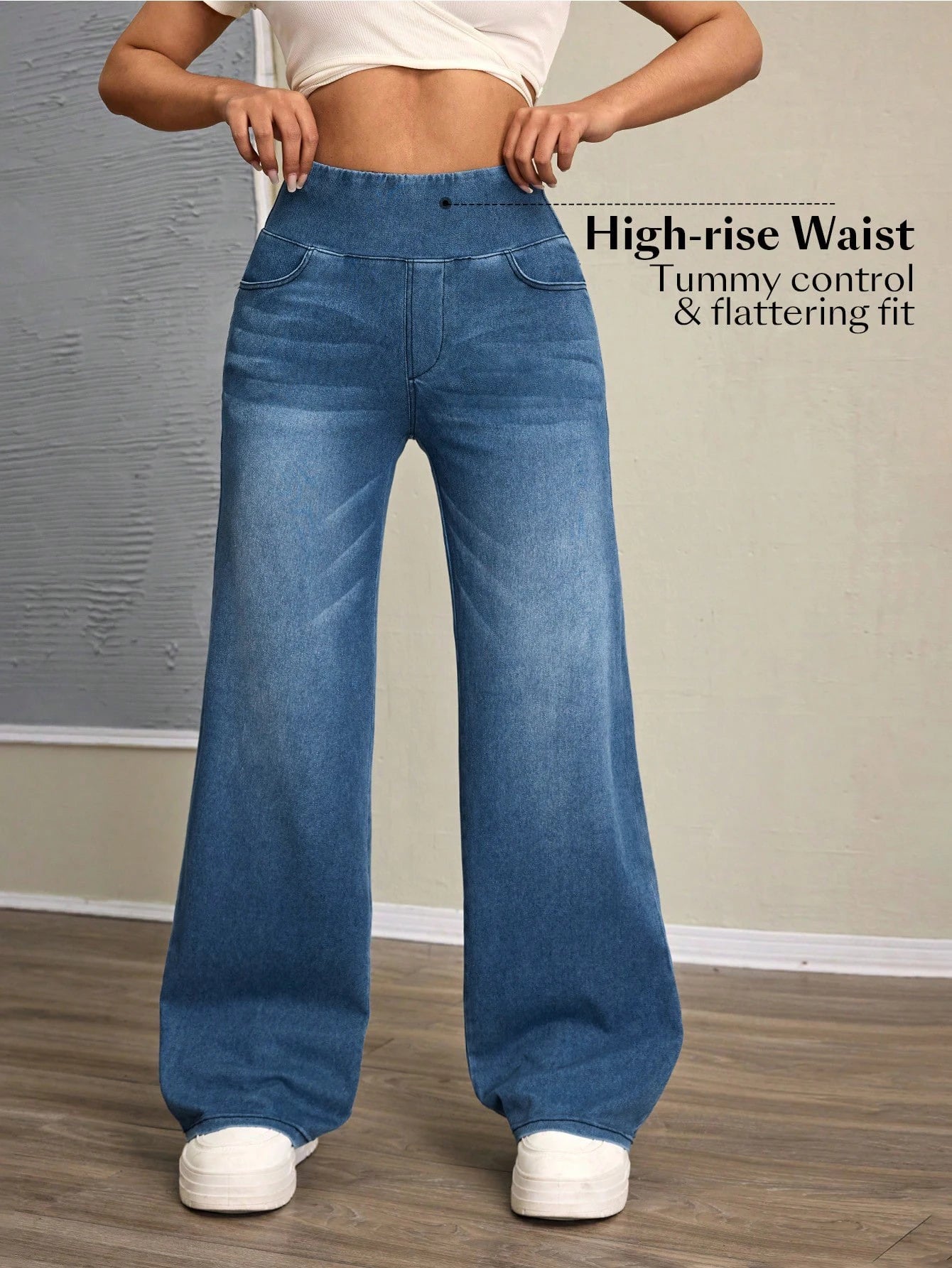 Women's high-rise wide-leg jeans with tummy tuck, slim fit, made from stretch denim fabric, are stylish for casual everyday wear