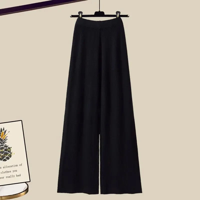 Autumn Knitted Sweater Wide Leg Pants Three Piece Set Plus Size Women's Fashion Slimming Shirt Dress Combo Female Wardrobe