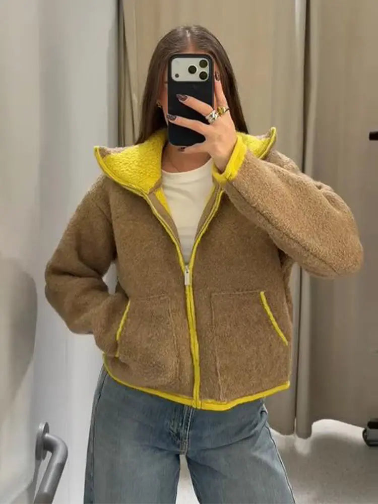 Color Blocking Knit Jacket Lady Long Sleeve Loose Zipper Pocket Casual Coat Chic Fashion Street Women's New Early Autumn Jackets