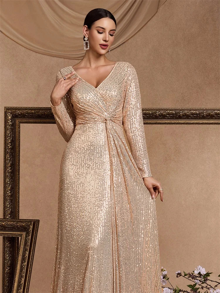 XUIBOL Luxury Long Sleeve V-Neck Evening Dress 2024 Women Wedding Party Sequins For Female Guests Red Prom Cocktail Dresses