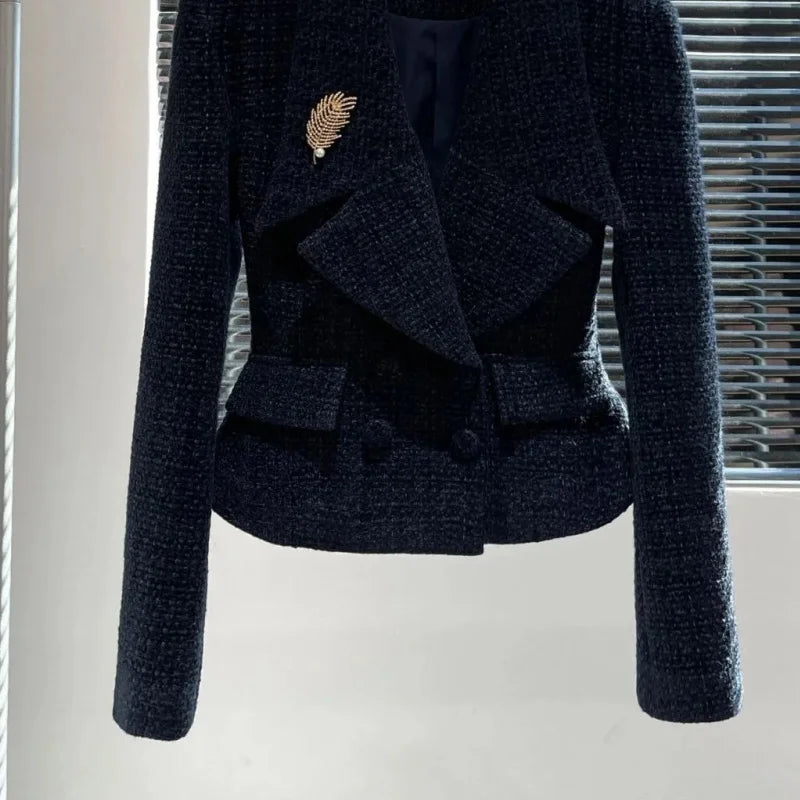 BESTBAFU Autumn Fashion Tweed Set 2-Piece Elegant Office Formal Suit Women Notch Collar Double Breasted Jacket+Midi Skirt 105F